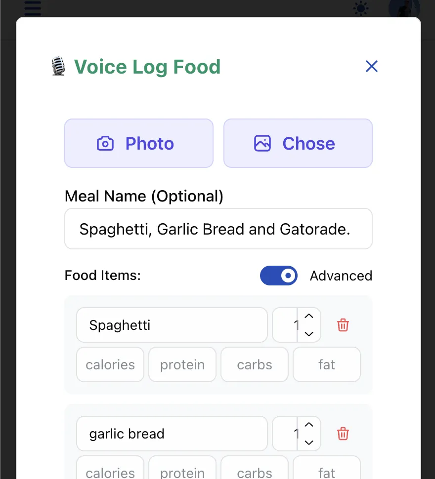 Custom meal creation with macros