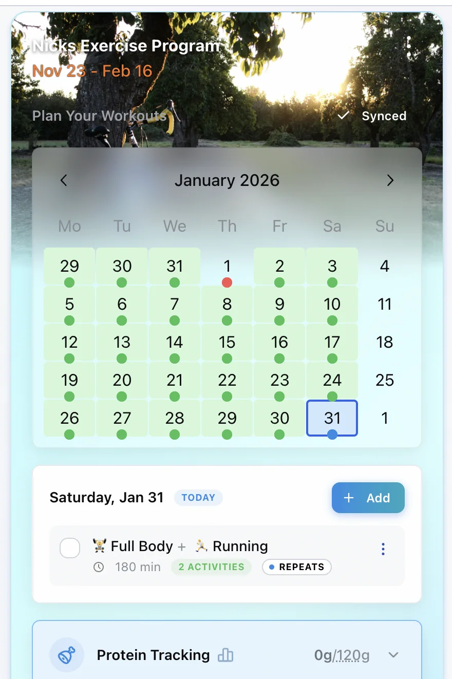 Complete workout planning with calendar sync and completion tracking